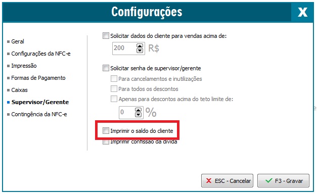 Opção Imprimir o saldo do Cliente