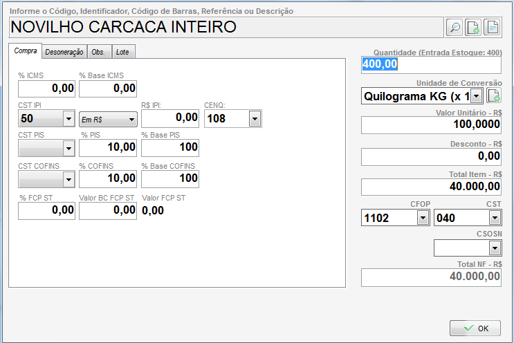 Entrada da carcaça de 400 kg