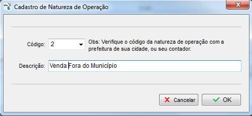 Código de natureza 2 para fora do município