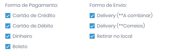 Formas de pagamento e envio