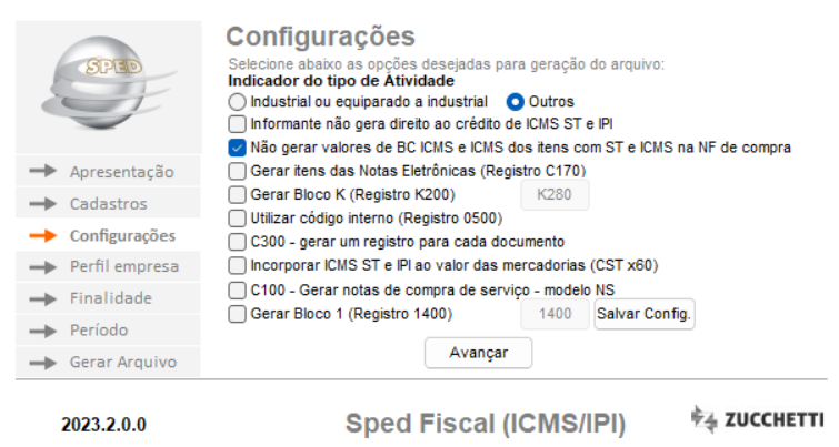 Tela de Configurações do SPED Fiscal