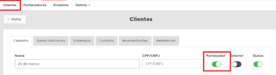 Função Fornecedor no cadastro