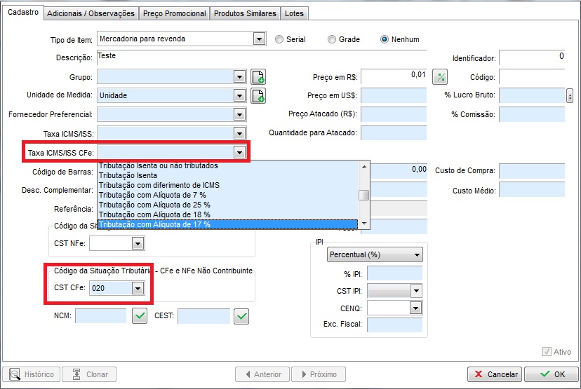 Taxa ICMS/ISS CFe e CST 020 no item
