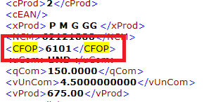 Tags do produto no XML com CFOP, CST e CSOSN