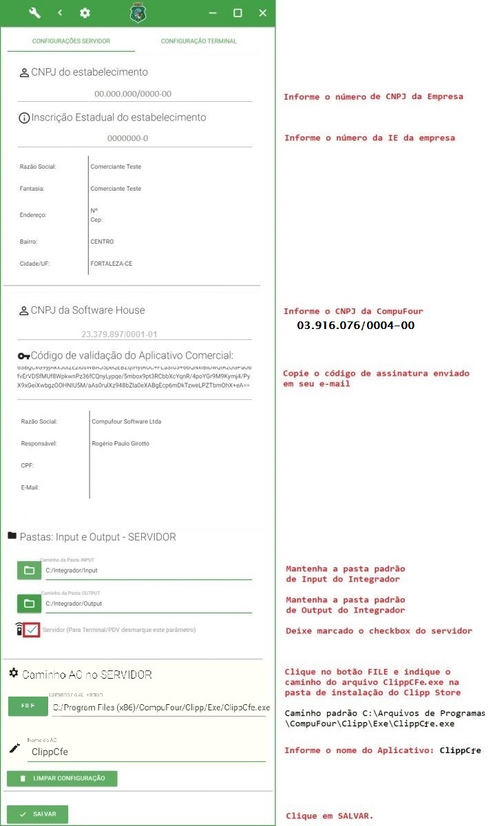 Tela de configurações do Integrador MFE
