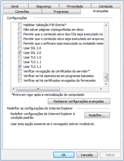 Opções de SSL e TLS na aba Avançadas