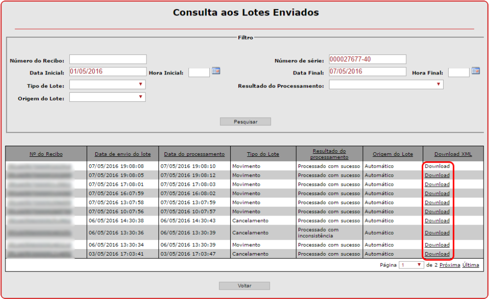 Botão Download do XML do lote de cupons