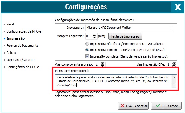 Mensagem promocional com informacao do CACEPE