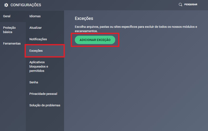 Opção Exceções no AVG