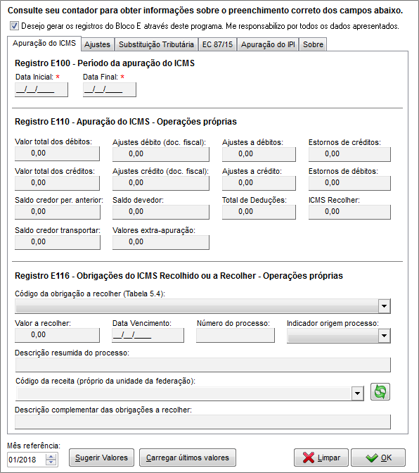 Registros E100 a E116 do Bloco E