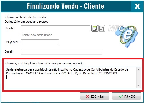 Informacoes complementares na venda