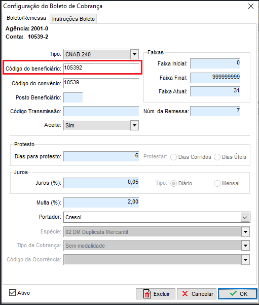 Configuração do Boleto de Cobrança