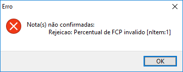 Rejeição Percentual de FCP inválido