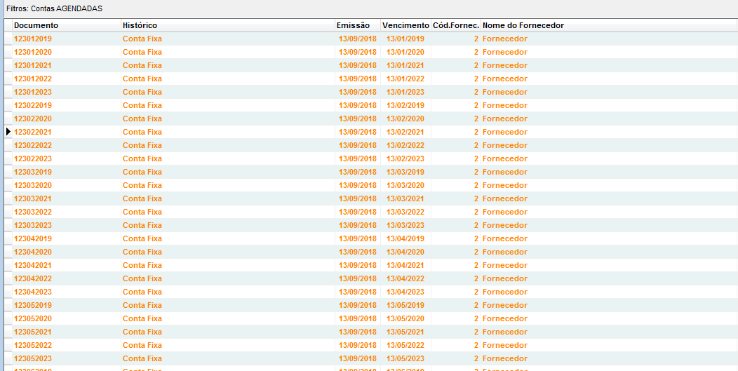 Contas fixas com status Agendadas