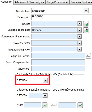 Cadastro do produto CST NFe