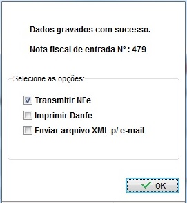 Tela de transmissão da NFe de entrada