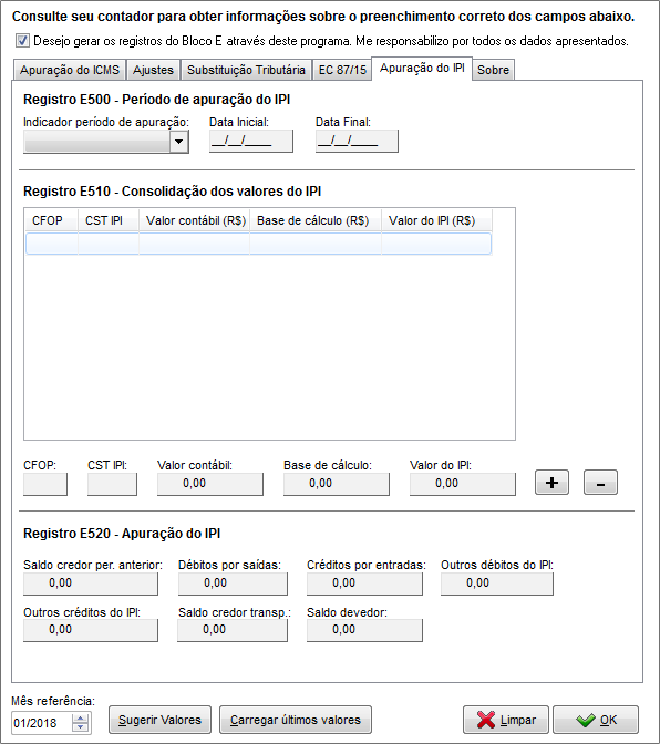 Apuração do IPI nos registros E500 a E520