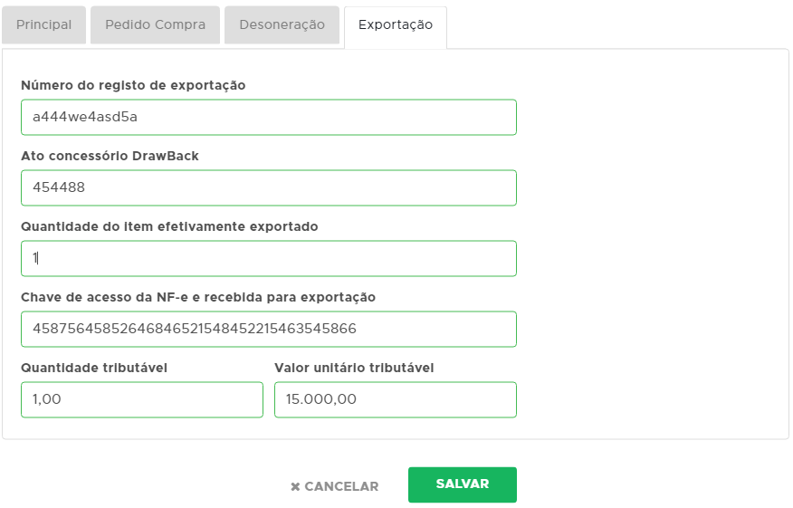 Aba Exportação do produto