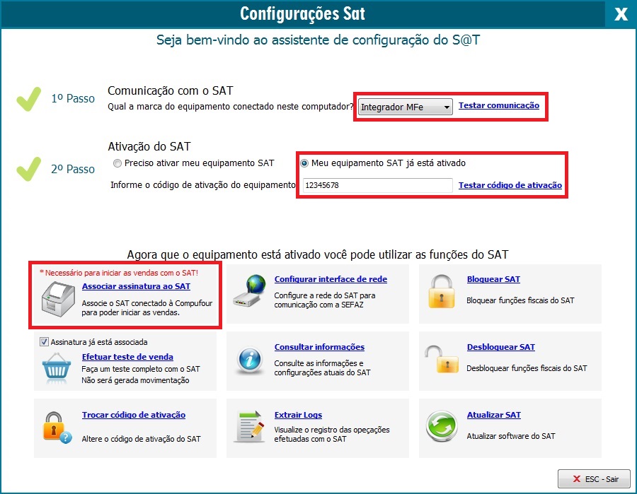 Seleção do Integrador MFe e código de ativação