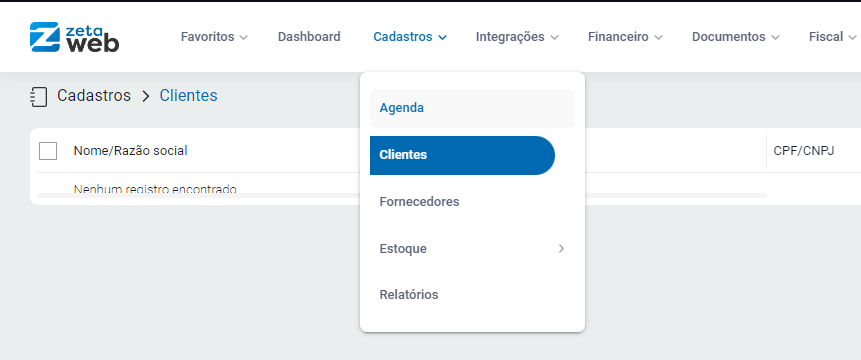Menu Cadastros Clientes