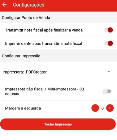 Tela de configurações do ponto de venda