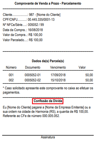 Comprovante de confissão de dívida