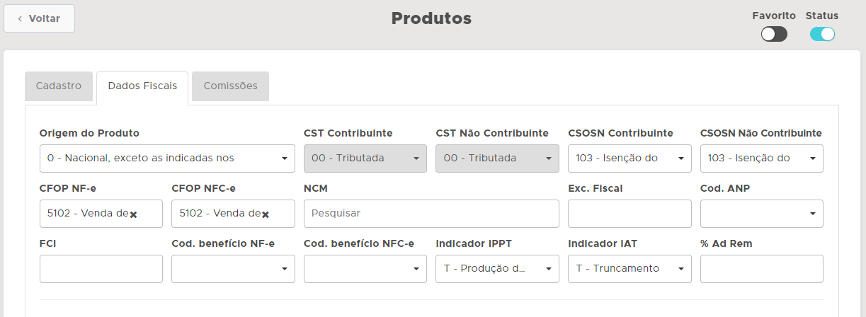 Campos CST e CSOSN do produto