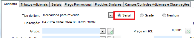 Item cadastrado como Serial