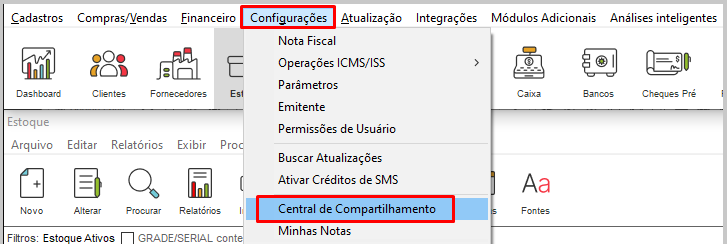 Menu Central de Compartilhamento no Clipp