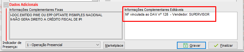 DAV nas informações complementares