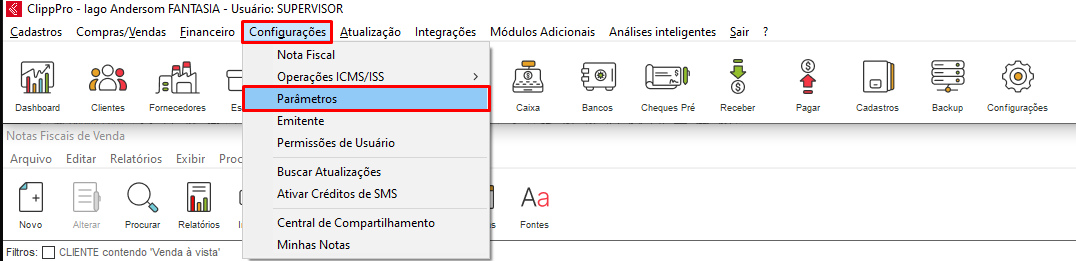 Menu Configurações - Parâmetros