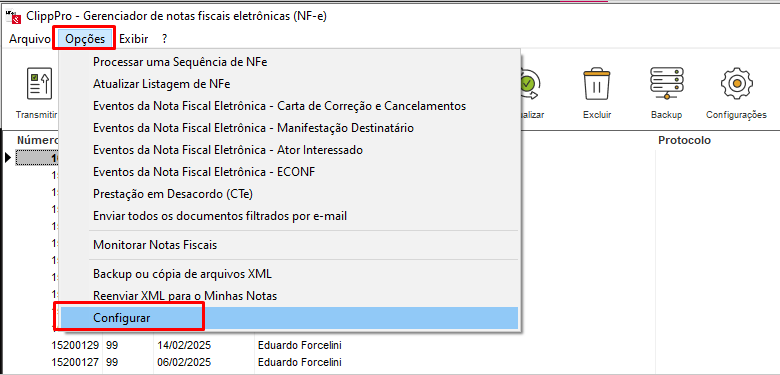 Opções - Configurar no Gerenciador de NFe