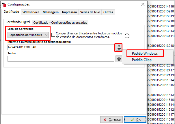Certificado selecionado pelo Padrão Windows