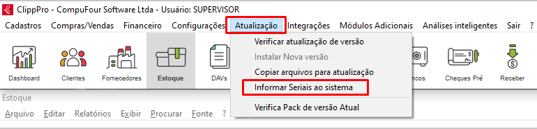 Menu Atualização - Informar Seriais