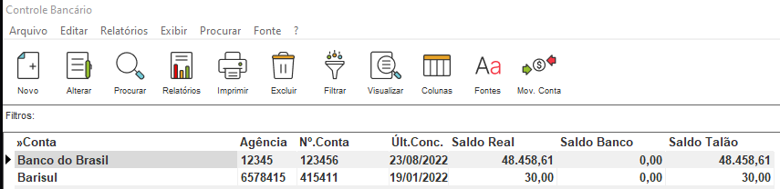 Contas listadas no Controle Bancário