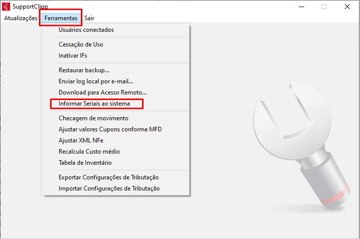 Ferramentas - Informar seriais no SupportClipp