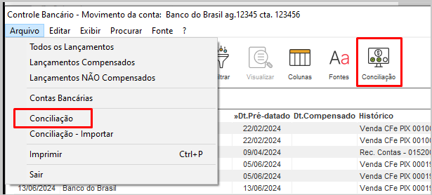 Botão Conciliação Bancária