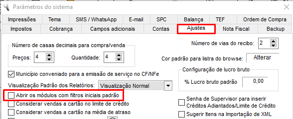 Opção Abrir os módulos com filtros iniciais padrão