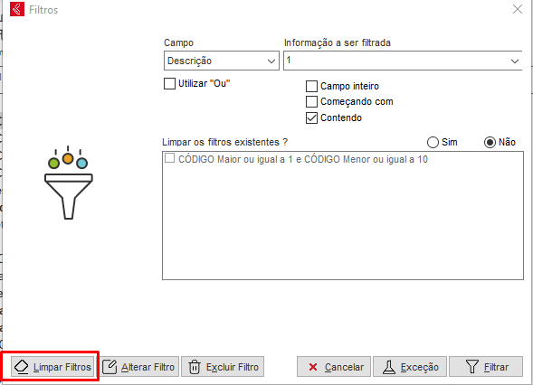 Botão Limpar Filtros