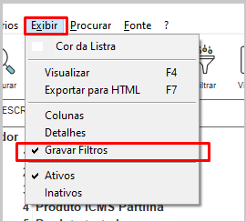 Opção Gravar Filtros