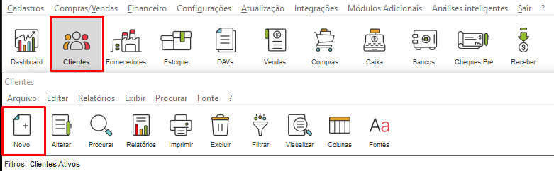 Botão Novo no cadastro de clientes