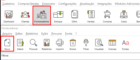 Botão Novo no módulo de Fornecedores