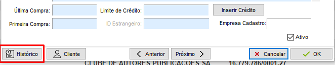 Botão Histórico do fornecedor