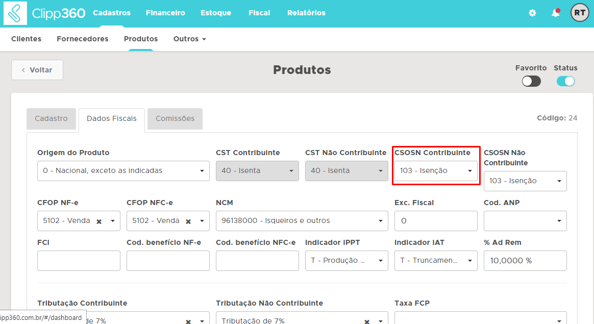 CSOSN Contribuinte do produto