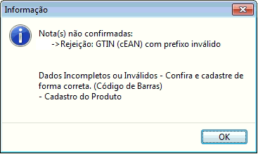 Rejeição de GTIN com prefixo inválido