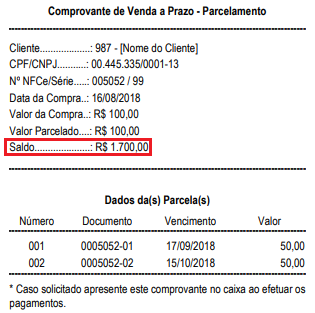 Comprovante de saldo do cliente