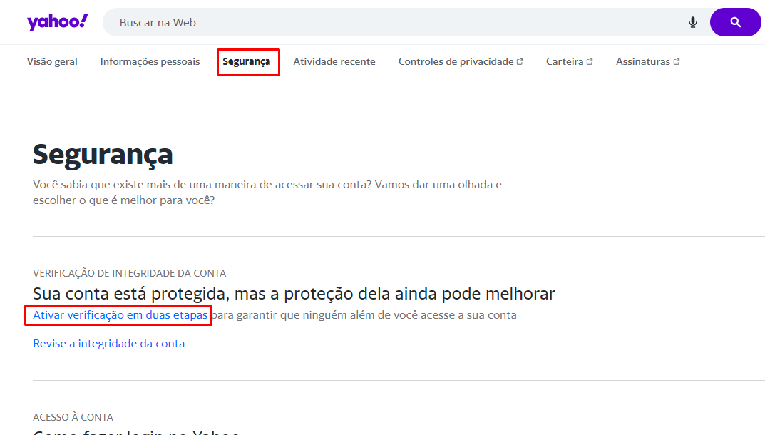 Ativar verificação em duas etapas no Yahoo!