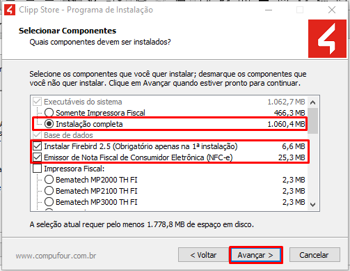 Componentes da instalação