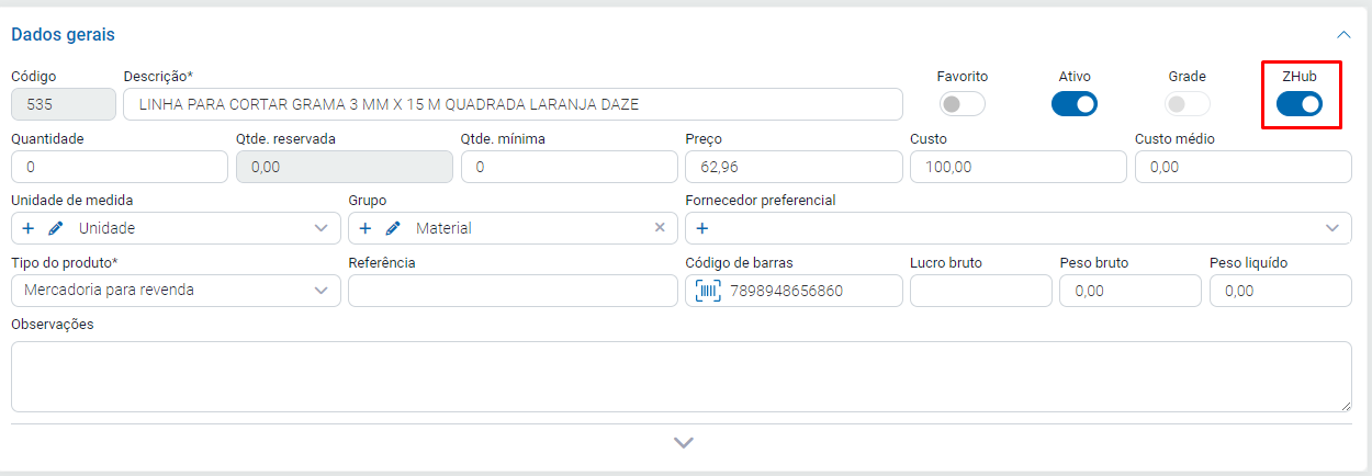 Caixa Zhub marcada no cadastro do produto