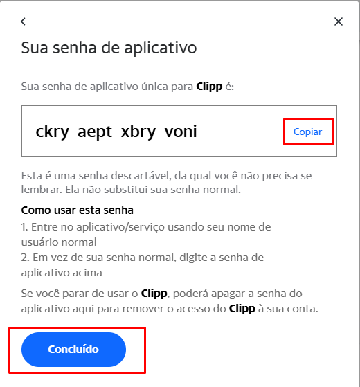 Senha de aplicativo gerada